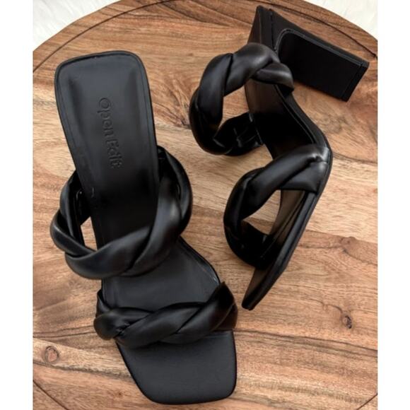 Open Edit Black Braided Double Strap Women's Size 6.5 Heel Sandal - Picture 1 of 10